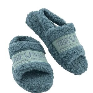 True Religion Womens Blue Faux Fur Sherpa Slide Slippers Size S 5-6 Logo Strap